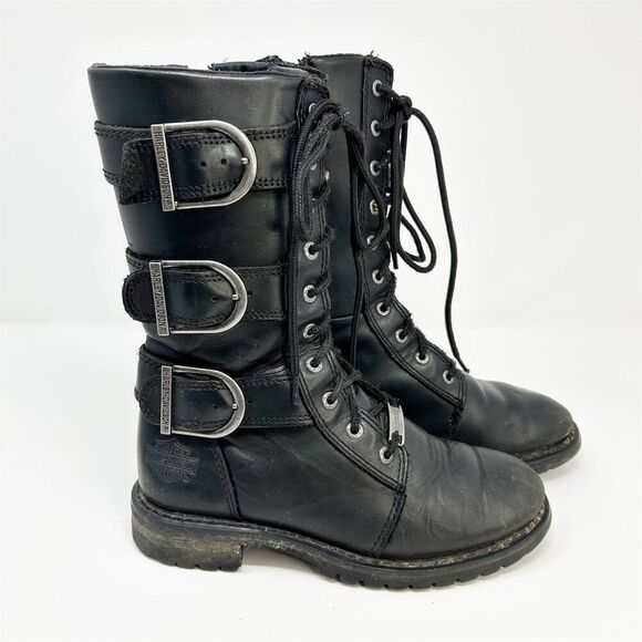 Harley-Davidson Moto Black Leather Lace-Up Riding Boots Size 6.5 Buckles - Picture 1 of 16